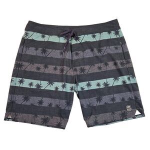 Travis Mathew‎ Board Shorts Men's Size 40 Blue Striped Palm Trees Swim Trunks